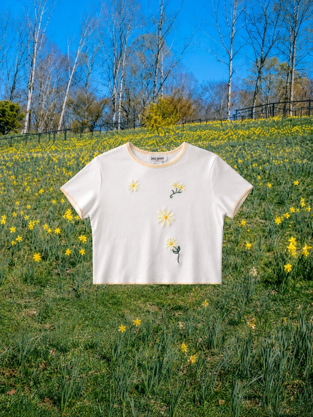 JAZZ SPORT USA Women’s White Baby Tee with Daisy Embroidery and Yellow Trim M